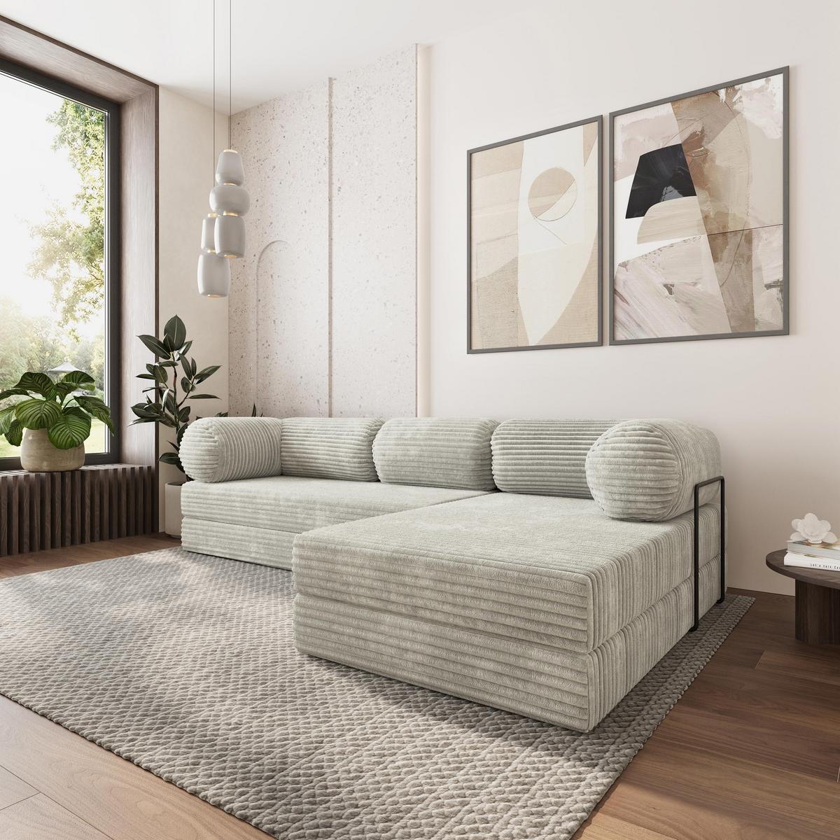 ECKSOFA ETERA modulares Boneless Sofa mit Schlaffunktion Hellgrau Kordstoff - Hellgrau, Textil (270/160cm) - MASSENO