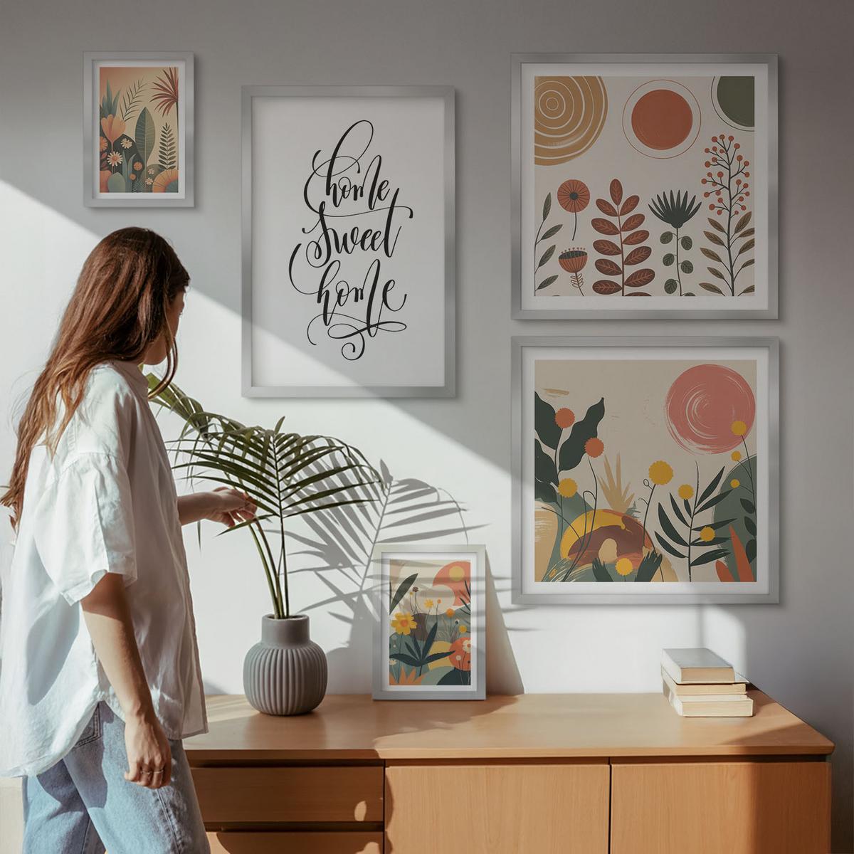BILDER SET 5er Set - 50x50 cm & 20x30 cm & 40x60 cm Silberner Rahmen - Pastellfarbene Pflanzenmuster - Silberfarben, Kunststoff (40/60cm) - TULUP