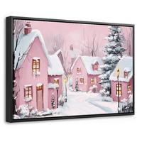 LEINWAND Bilder mit Rahmen - Weihnachtsdorf - Rosa - Winter - Schnee - Häuser - 30x20 - Altrosa, Textil (30/20cm) - MuchoWow