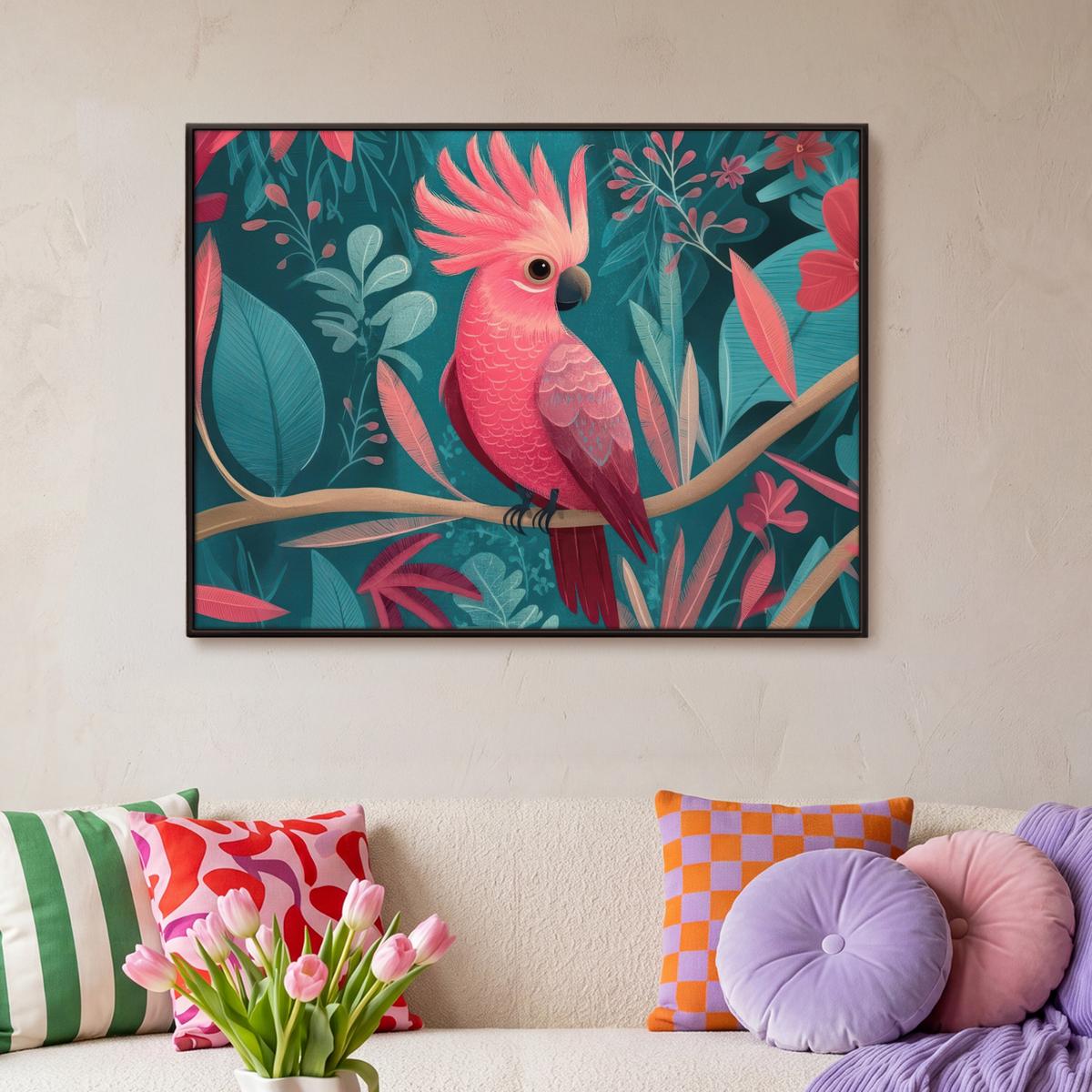 LEINWAND Bilder mit Rahmen - Kakadu - Tropische Blätter - Zweig - 100x70 - Petrol, Textil (100/70cm) - MuchoWow