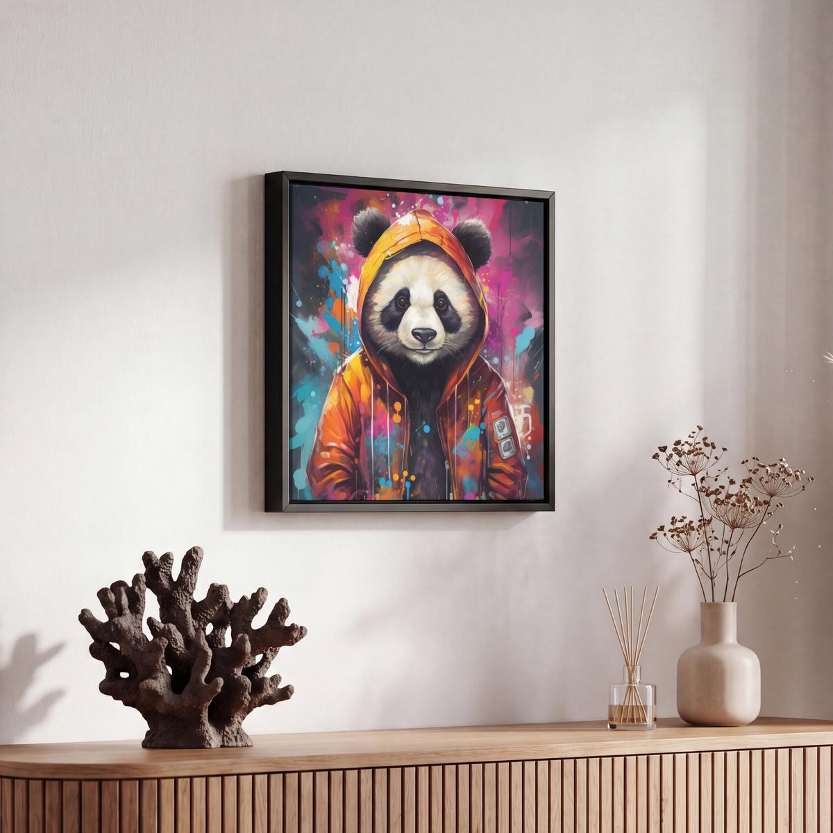 LEINWAND Bilder mit Rahmen - Panda - Jacke - Graffiti - Orange - 20x20 - Orange, Textil (20/20cm) - MuchoWow