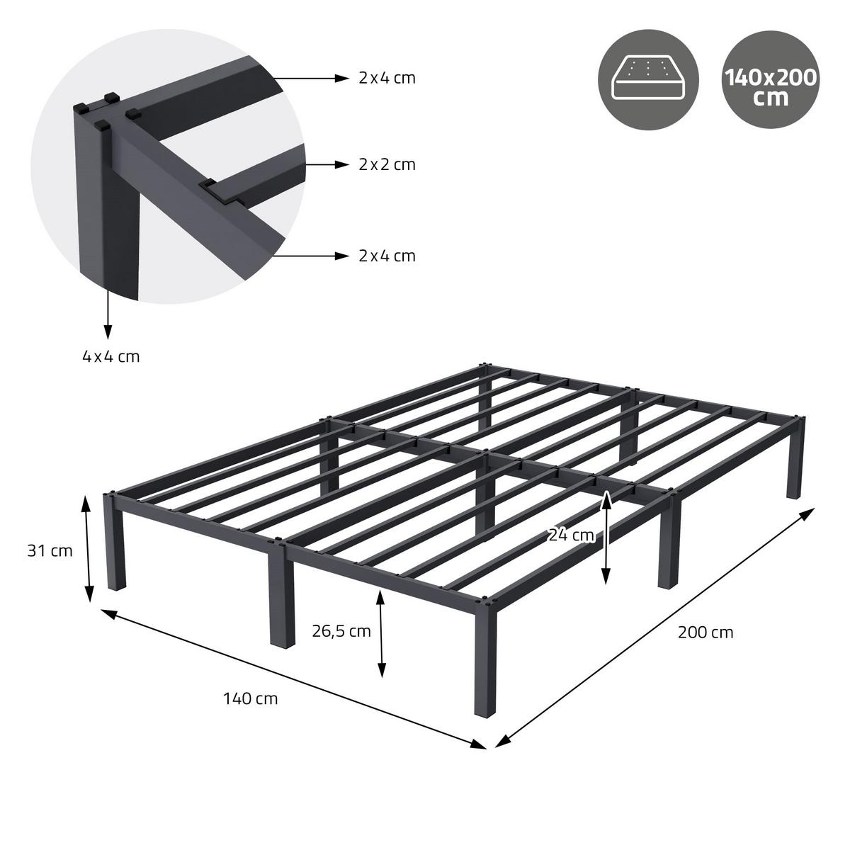 METALLBETT 140x200 cm mit Lattenrost Anthrazit auf Stahlrahmen - Anthrazit, Metall (140/200cm) - ML-DESIGN