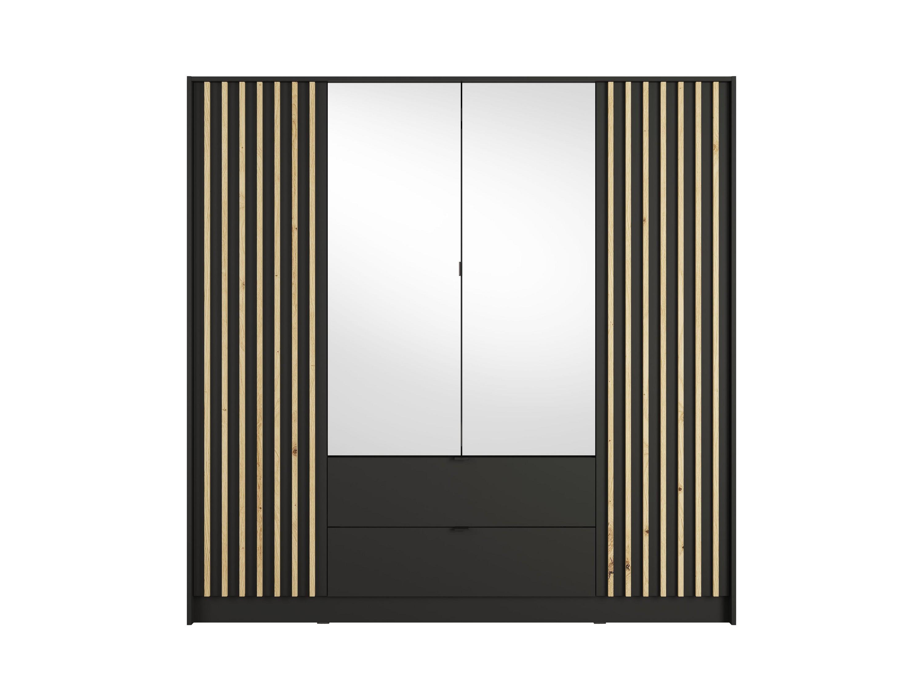 DREHTÜRENSCHRANK SATREN 200/200,5/54,5cm 4-türig mit Spiegel Schwarz - Schwarz/Eiche Artisan, Holzwerkstoff (200/200.5/54.5cm) - MASSENO
