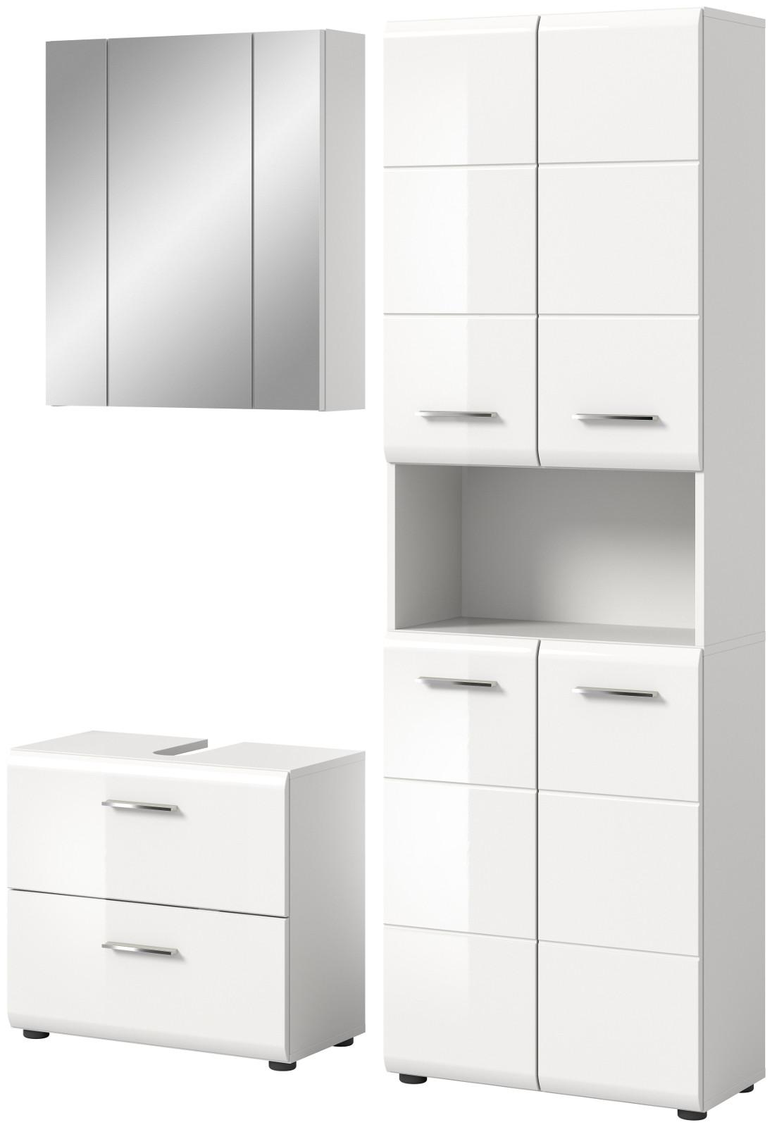 BADMÖBEL-SET 3-teilig weiß Hochglanz, Badkombination mit großem Badschrank - Weiß Hochglanz/Silberfarben, Glas/Holzwerkstoff (135/185/30cm) - Inn.Furn