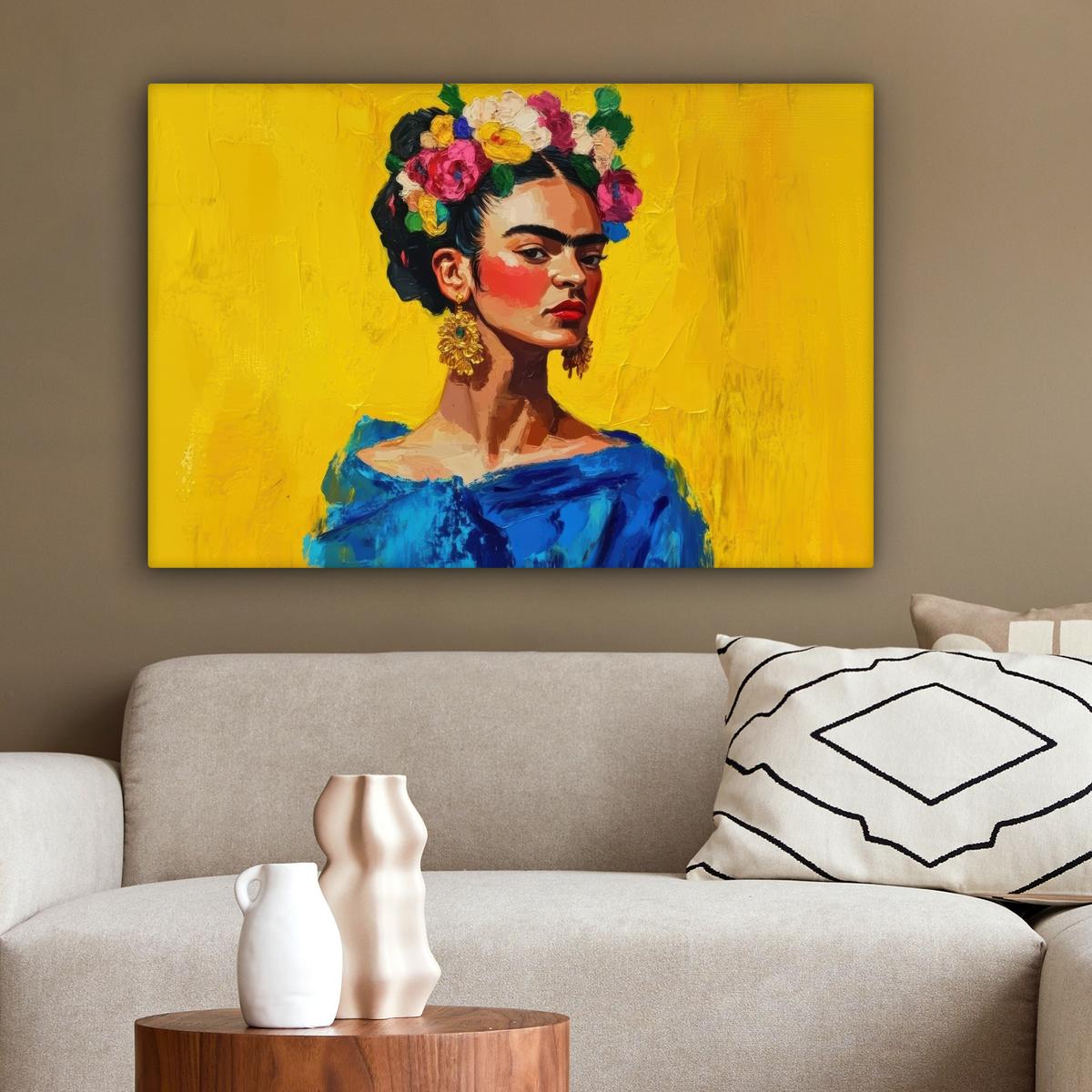 LEINWANDBILD Frida Kahlo - Frau - Gelb - Blau - Blumen Wanddeko 90x60 cm - Gelb, Textil (90/60cm) - MuchoWow