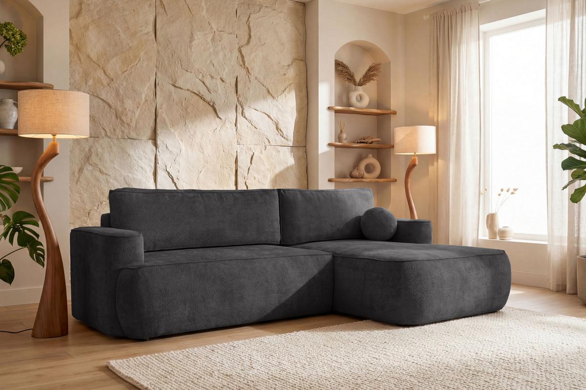 ECKSOFA Marion mit Schlaffunktion & Bettkasten in Chenille Graphit, Schwarz, Rechts 267/154/83 cm - Graphitfarben/Schwarz, Kunststoff/Textil (267/154cm) - WFL GROUP