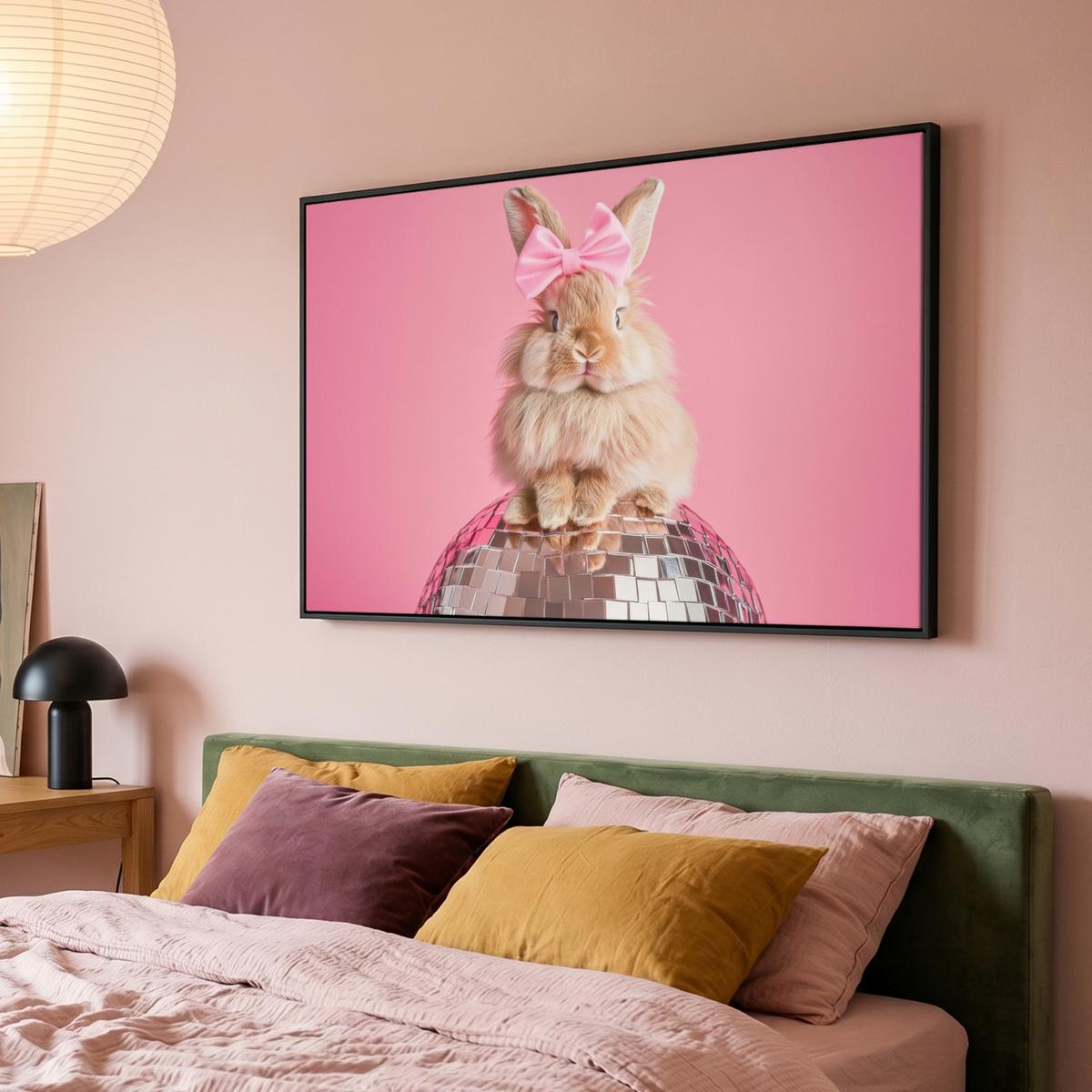 LEINWAND Bilder mit Rahmen - Schleife - Discoball - Kaninchen - 150x100 - Pink, Textil (150/100cm) - MuchoWow