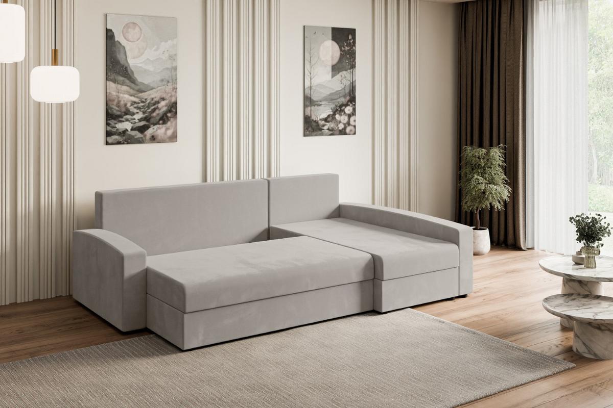 ECKSOFA mit Schlaffunktion und Bettkasten ALESIA-L 231x140x90 cm Hellbraun Velours - Hellbraun/Silberfarben, Holzwerkstoff/Kunststoff (231/140cm) - ALTDECOR