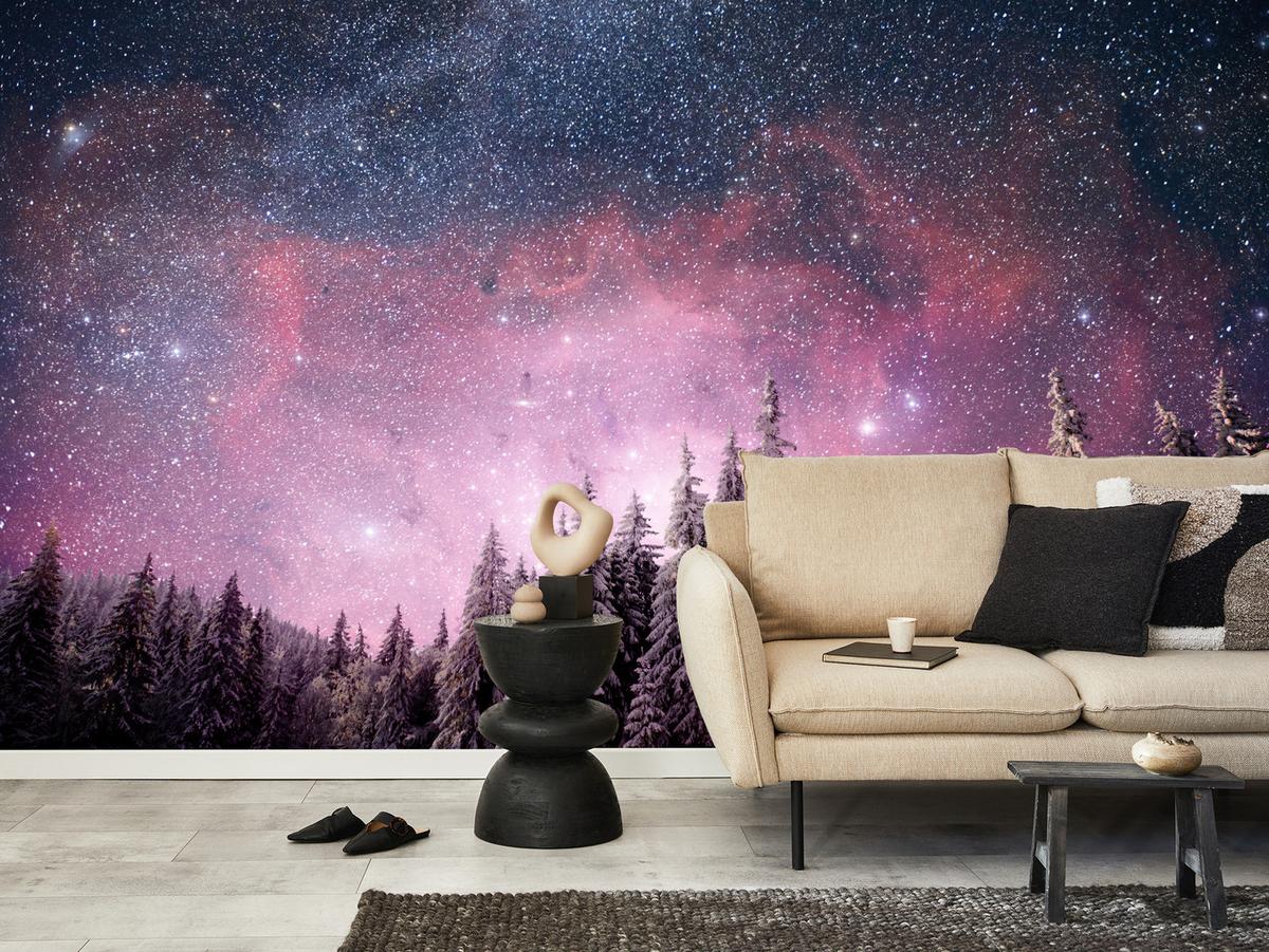 FOTOTAPETE für Schlafzimmer Verzauberter Tannenwald Winter Aurora 350x256 - Violett/Schwarz, Papier (350/256cm) - Muralo
