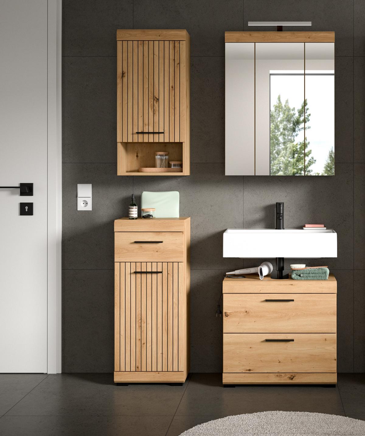 BADKOMMODE Eiche Artisan 37 x 88 cm, Badschrank mit moderner Rillen-Optik - Schwarz/Eiche Artisan, Holzwerkstoff/Kunststoff (37/88/31cm) - Inn.Furn