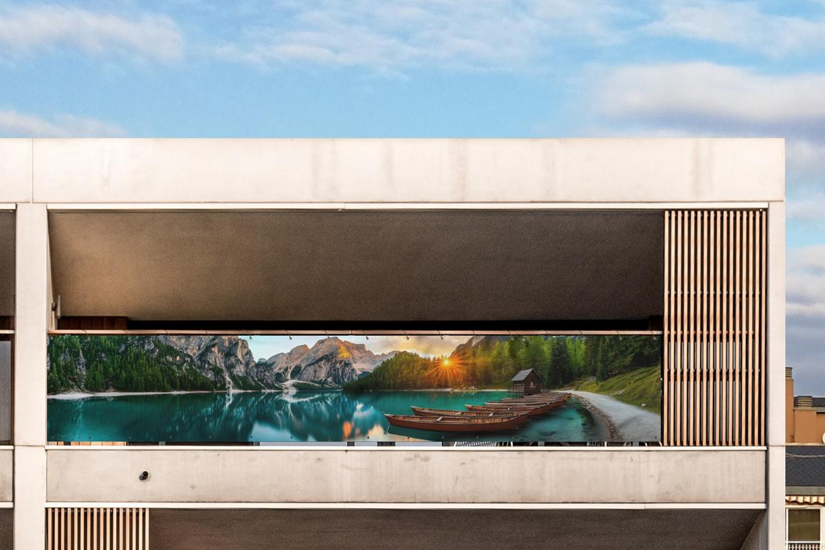 BALKON-SICHTSCHUTZ See - Berge - Sonnenuntergang - Boot Groß 500x80 cm - Petrol, Kunststoff (500/80cm) - MuchoWow