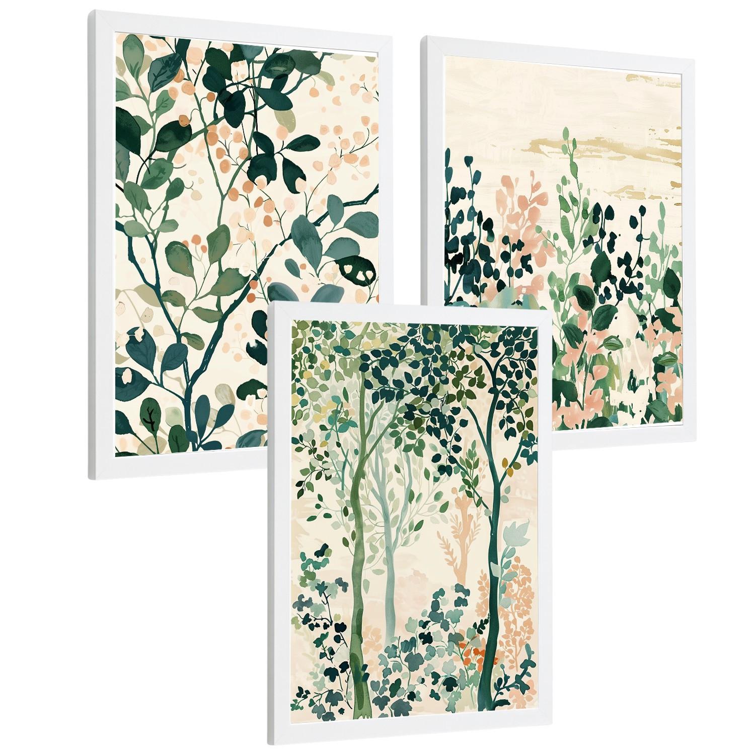 POSTER 3er-Set Wandbilder Floral Bäume modern Wohnzimmer Deko, Schlafzimmer, Küche, Badezimmer Weißer Rahmen A3 - Weiß, Papier (29.7/1/42cm) - Nacnic