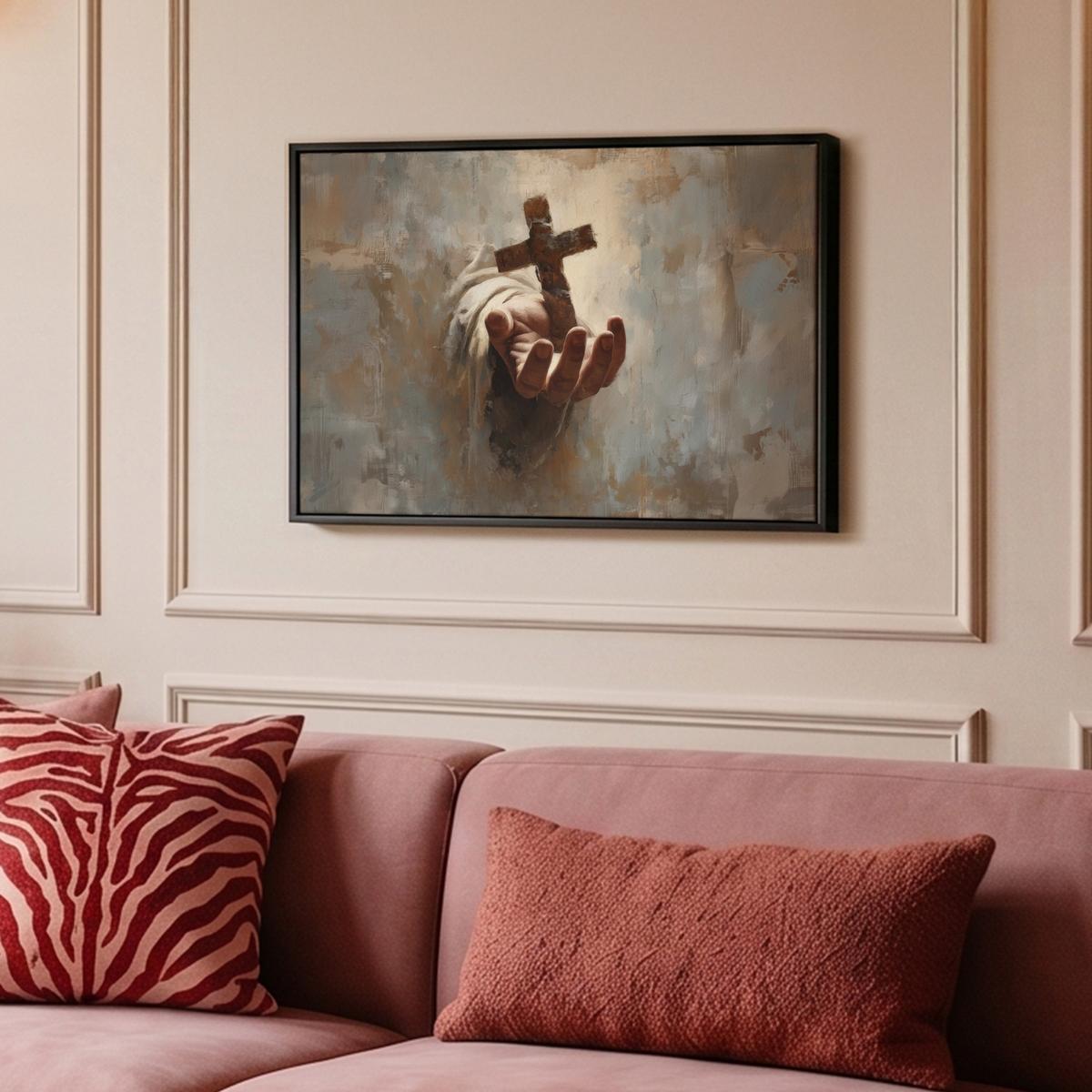 LEINWAND Bilder mit Rahmen - Abstrakt - Kreuz - Hand - Christentum - 60x40 - Hellbraun, Textil (60/40cm) - MuchoWow