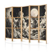 PARAVENT Japanischer 5-tlg 225x172 cm Wolken Mond - Schwarz, Holz/Textil (225/172/3cm) - Muralo
