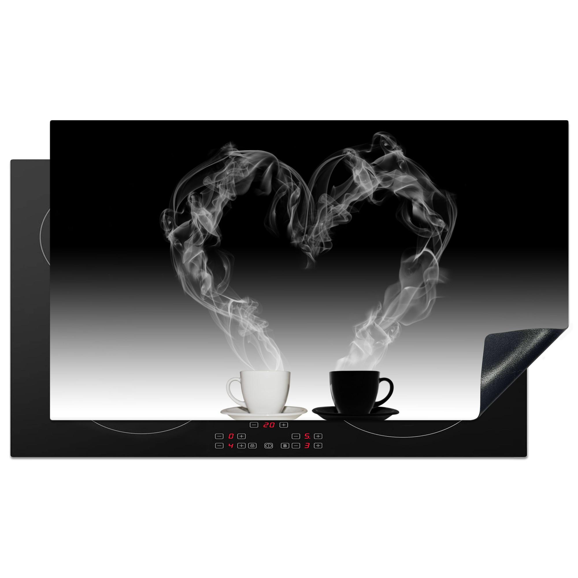HERDABDECKPLATTE Kaffee - Herz - Schwarz und weiß - Tassen Induktionsschutz 91.2x52 cm - Weiß, Kunststoff (91.2/52/0.2cm) - MuchoWow
