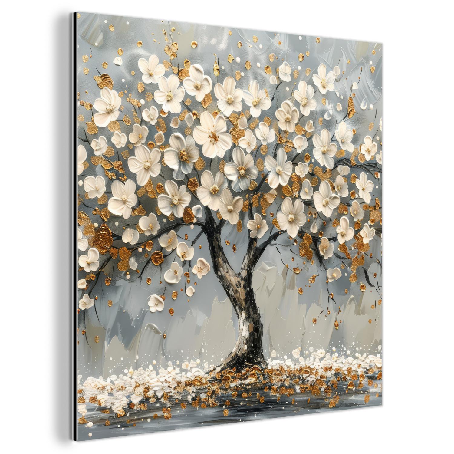 METALLBILD Baum - Blumen - Weiß - Natur - Kunst 90x90 cm - Weiß, Metall (90/90cm) - MuchoWow