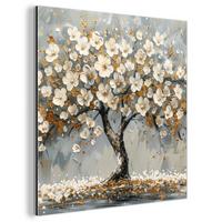 METALLBILD Baum - Blumen - Weiß - Natur - Kunst 50x50 cm - Weiß, Metall (50/50cm) - MuchoWow