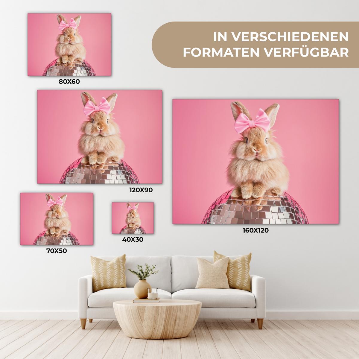 LEINWANDBILD Schleife - Discoball - Kaninchen Wandbild 40x30 cm - Pink, Textil (40/30cm) - MuchoWow