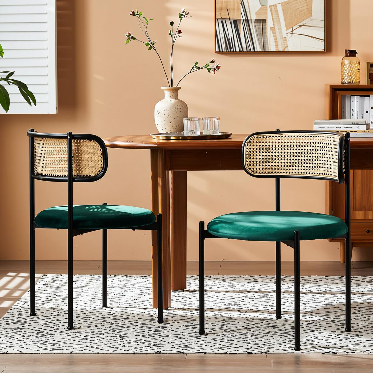 ESSZIMMERSTUHL Set 2er Grün Samt & Rattan Polsterstuhl mit Metallbeinen - Grün, Textil (51/75/51cm) - Urban Meuble
