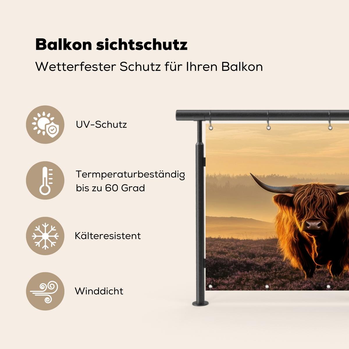 BALKON-SICHTSCHUTZ Schottische Hochlandbewohner - Heide - Landschaft - Tiere Balkon Deko 300x130 cm - Cognac, Kunststoff (300/130cm) - MuchoWow