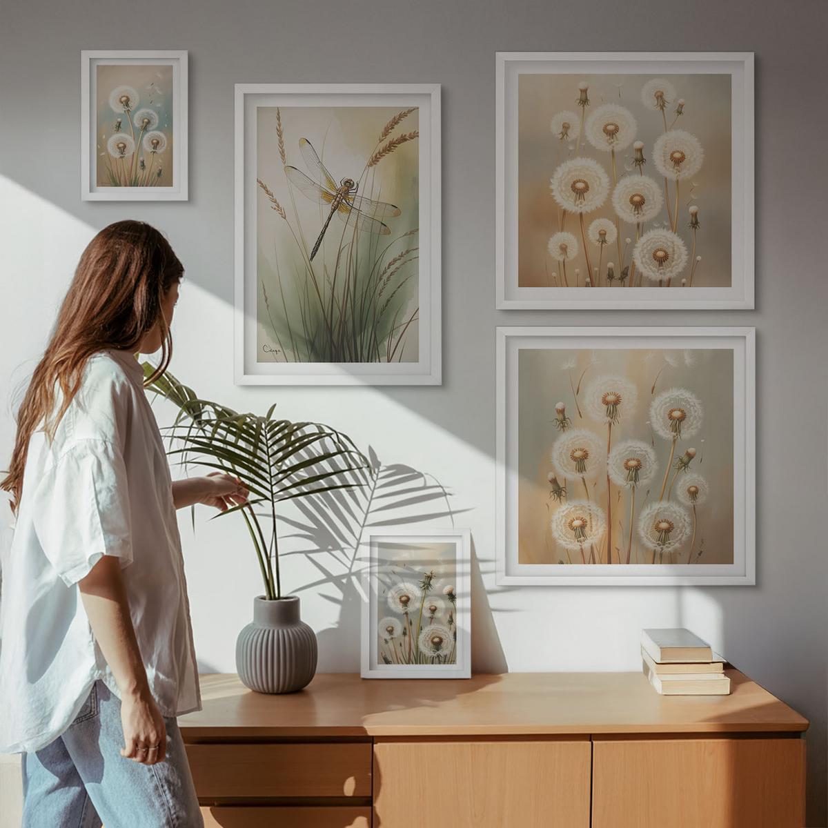 BILDER SET 5er Set - 50x50 cm & 20x30 cm & 40x60 cm Weißer Rahmen - Weiße Löwenzahnblüten auf hellem Hintergrund - Weiß, Kunststoff (40/60cm) - TULUP