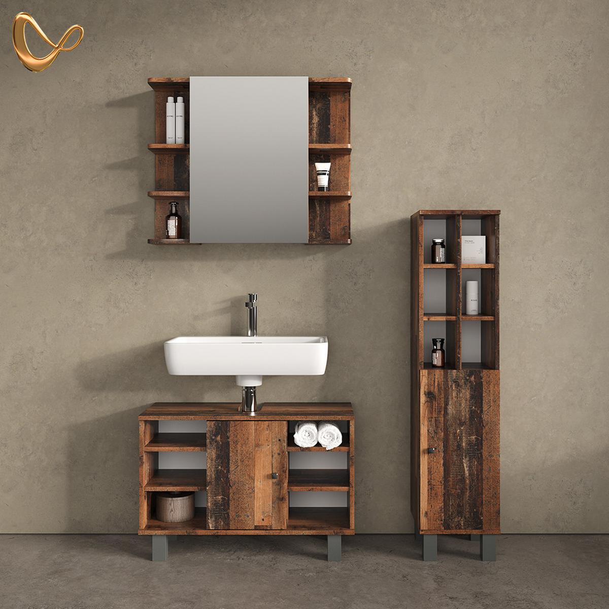 BADMÖBEL-SET Fucino Eiche rustikal 3 Teile, mit Midischrank Tür groß - Wildeiche, Holzwerkstoff (80/54/32cm) - Livinity®