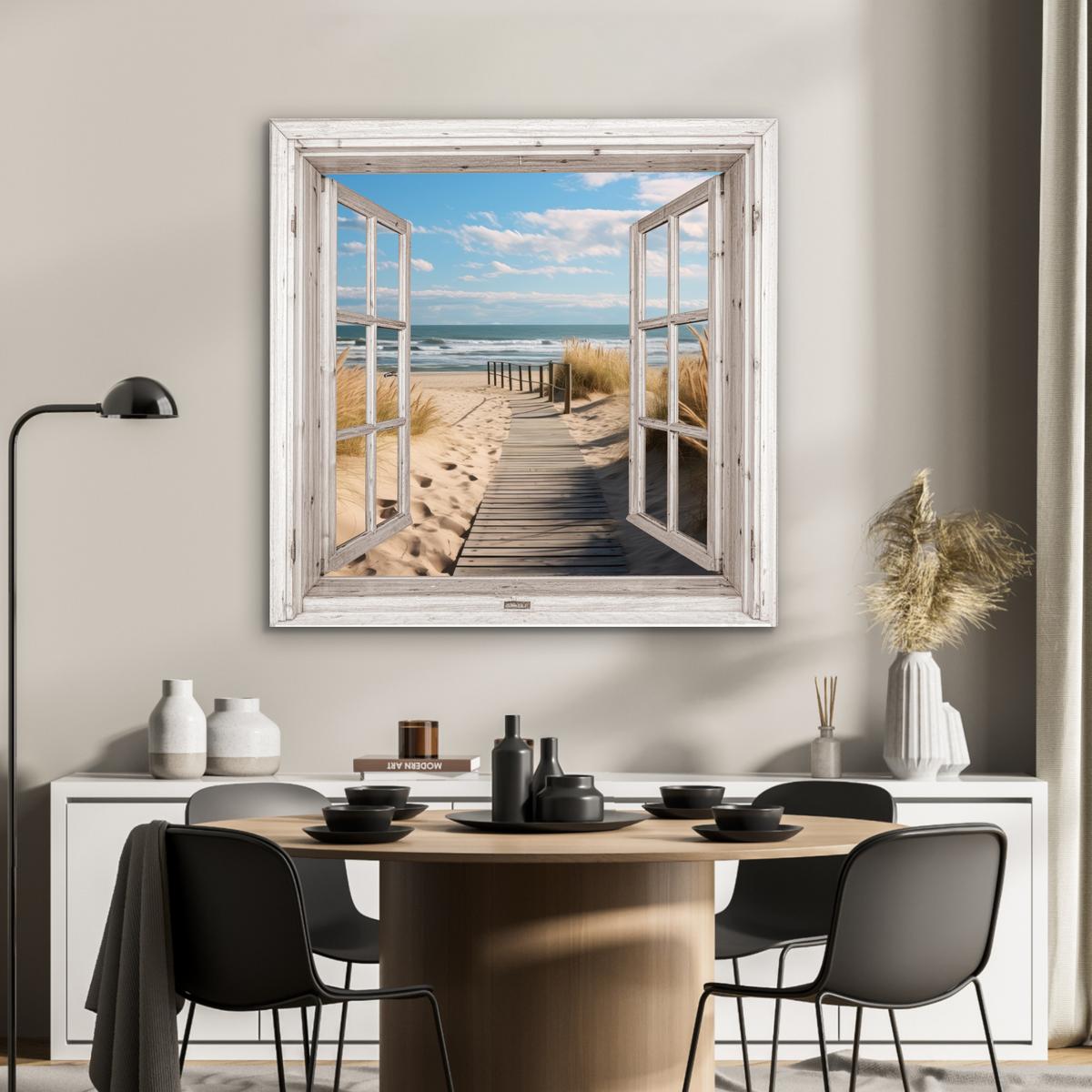 METALLBILD Fenster - Meer - Küste - Natur - Ausblick - Strand - Wattenmeer 90x90 cm - Beige, Metall (90/90cm) - MuchoWow