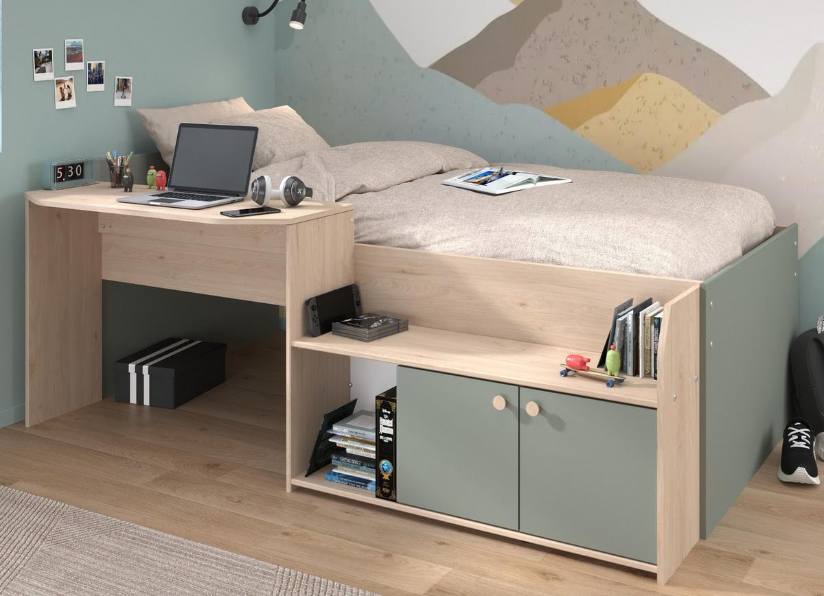 HOCHBETT Eiche, Salbei Grün, Stauraum-Bett für Kinder- und Jugendzimmer, 90 x 200 - Salbeigrün/Eichefarben, Holzwerkstoff (90/200cm) - Parisot Meuble