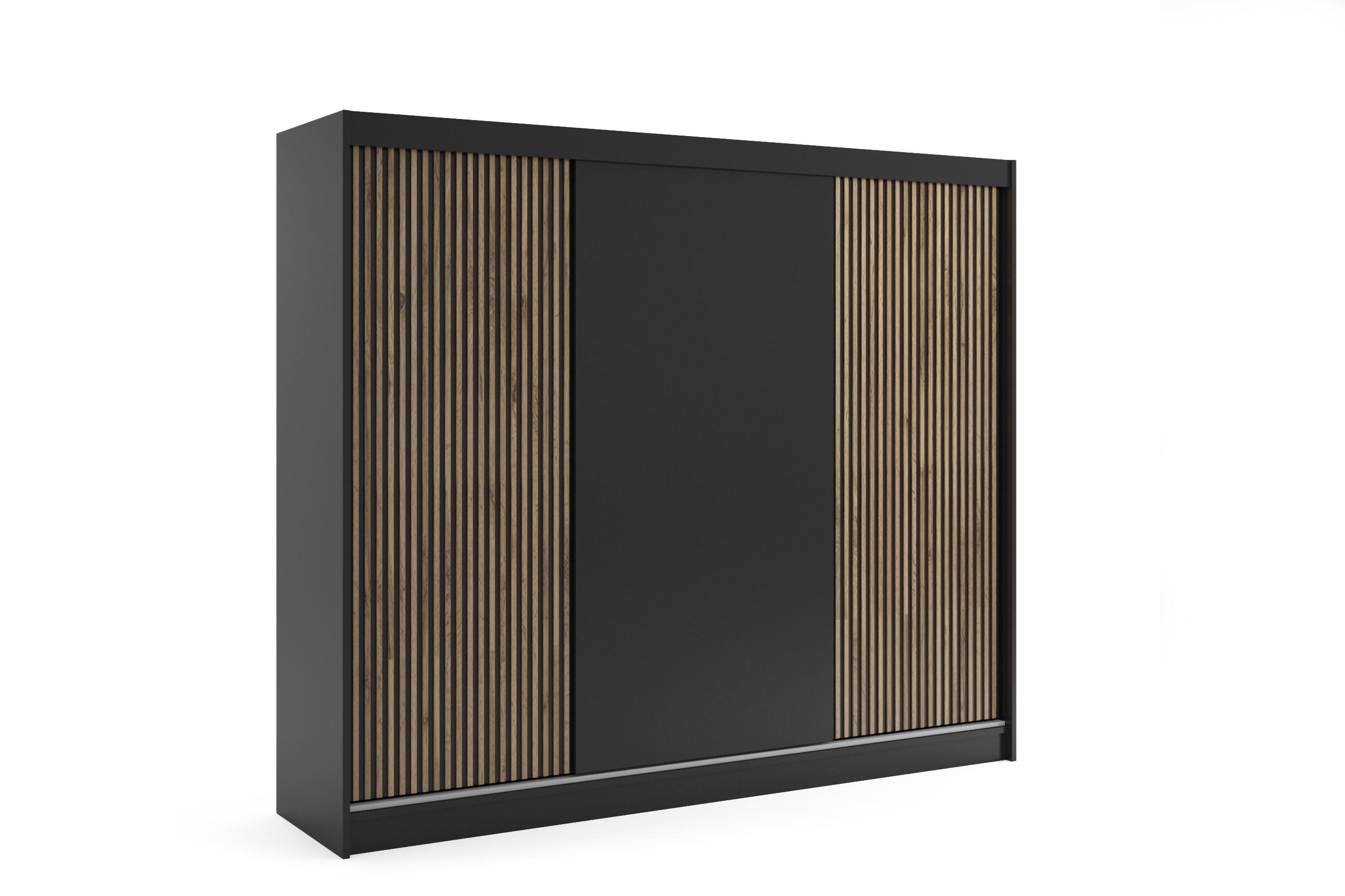 KLEIDERSCHRANK VILAN mit Lamel/LED - 250 cm - Schwarz|Eiche Wotan - Eiche Wotan/Schwarz, Holzwerkstoff (250/215/61cm) - ALTDECOR