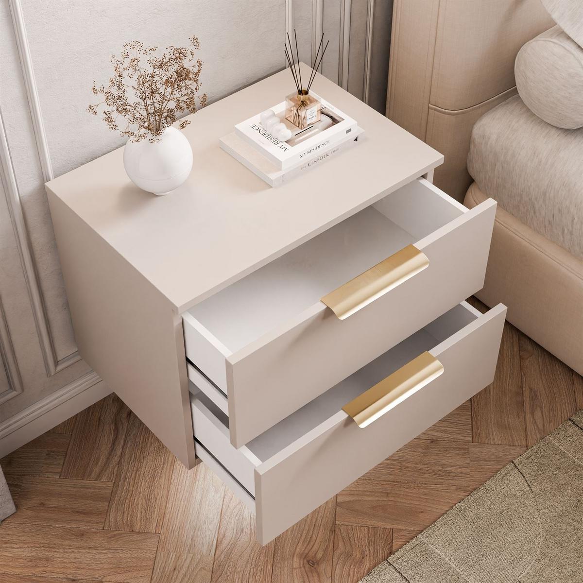 NACHTKOMMODE LINA KASCHMIR 2S LED hängend goldener Chromgriff - Kaschmir/Goldfarben, Holzwerkstoff (55/42/37cm) - Lookway