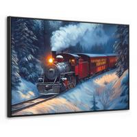 LEINWAND Bilder mit Rahmen - Zug - Weihnachten - Schnee - Weihnachtszug - 120x80 - Anthrazit, Textil (120/80cm) - MuchoWow