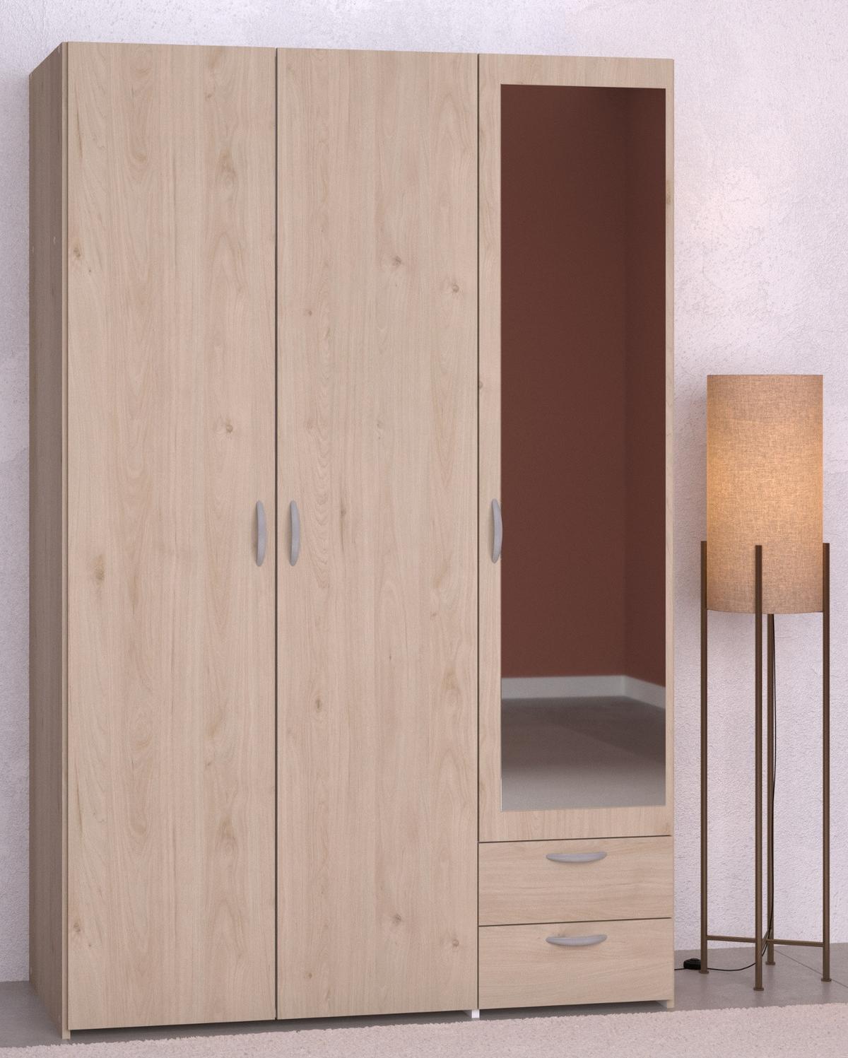 KLEIDERSCHRANK mit Spiegel Eiche 120 x 185 cm, Drehtürenschrank mit 3 Türen - Eichefarben/Silberfarben, Holzwerkstoff/Kunststoff (120/185/51cm) - Furn.Design