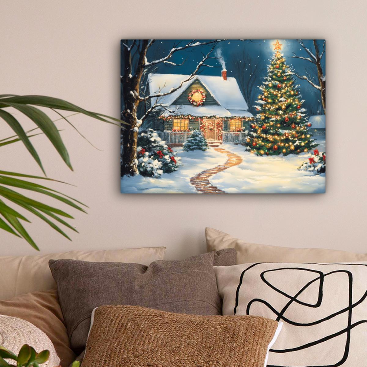 LEINWANDBILD Weihnachten - Weihnachtsbaum - Winter - Zuhause - Schnee Wandbild 40x30 cm - Smaragdgrün, Textil (40/30cm) - MuchoWow