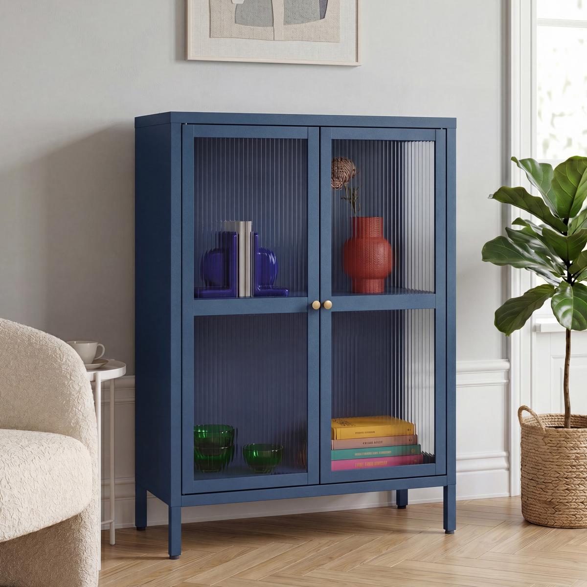 VITRINE Säkylä - Blau/Transparent, Glas/Metall (64/84/35cm) - [en.casa]