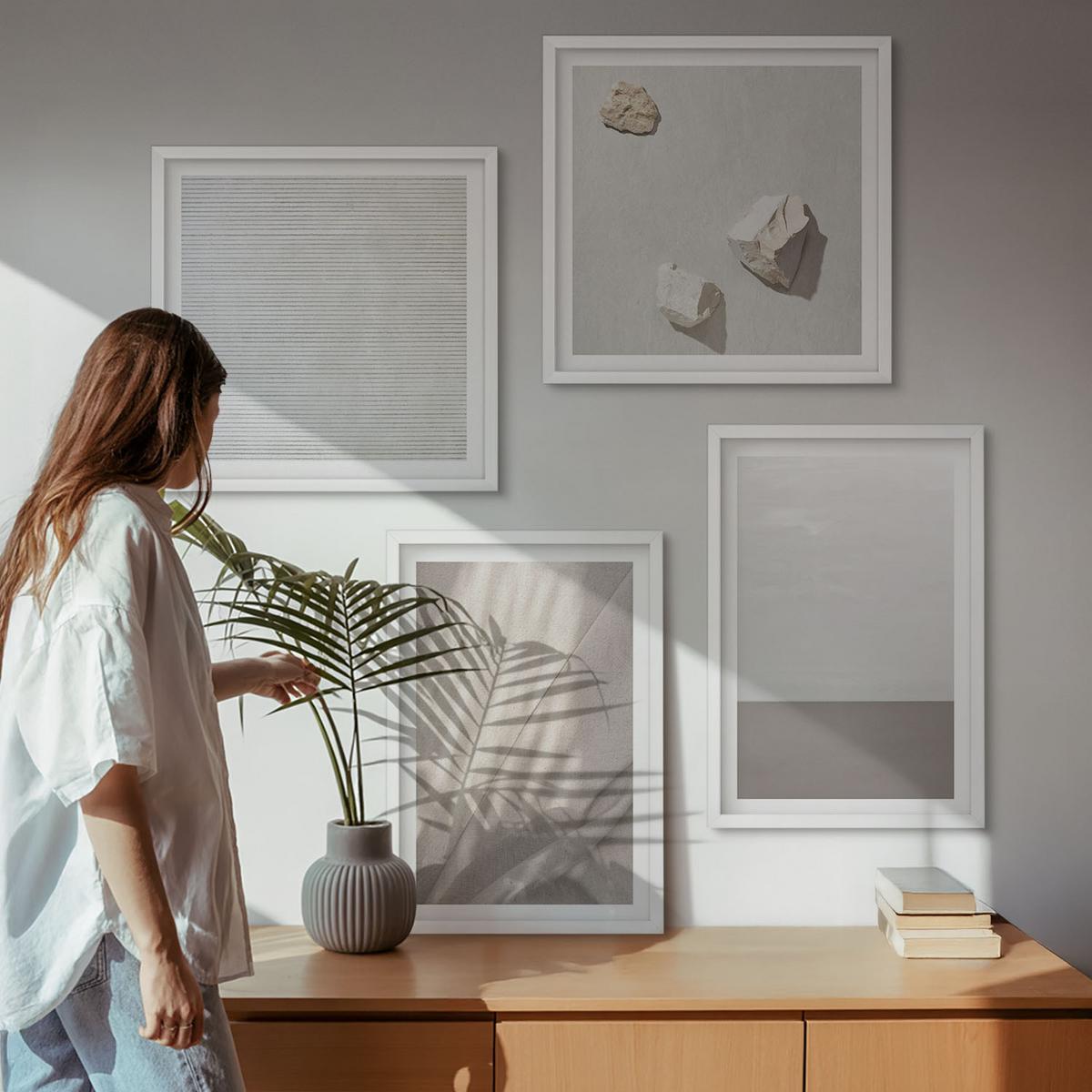 BILDER SET 4er Set - 50x50 cm & 40x60 cm Weißer Rahmen - Zarte Boho-Texturen der Natur - Weiß, Kunststoff (50/50cm) - TULUP