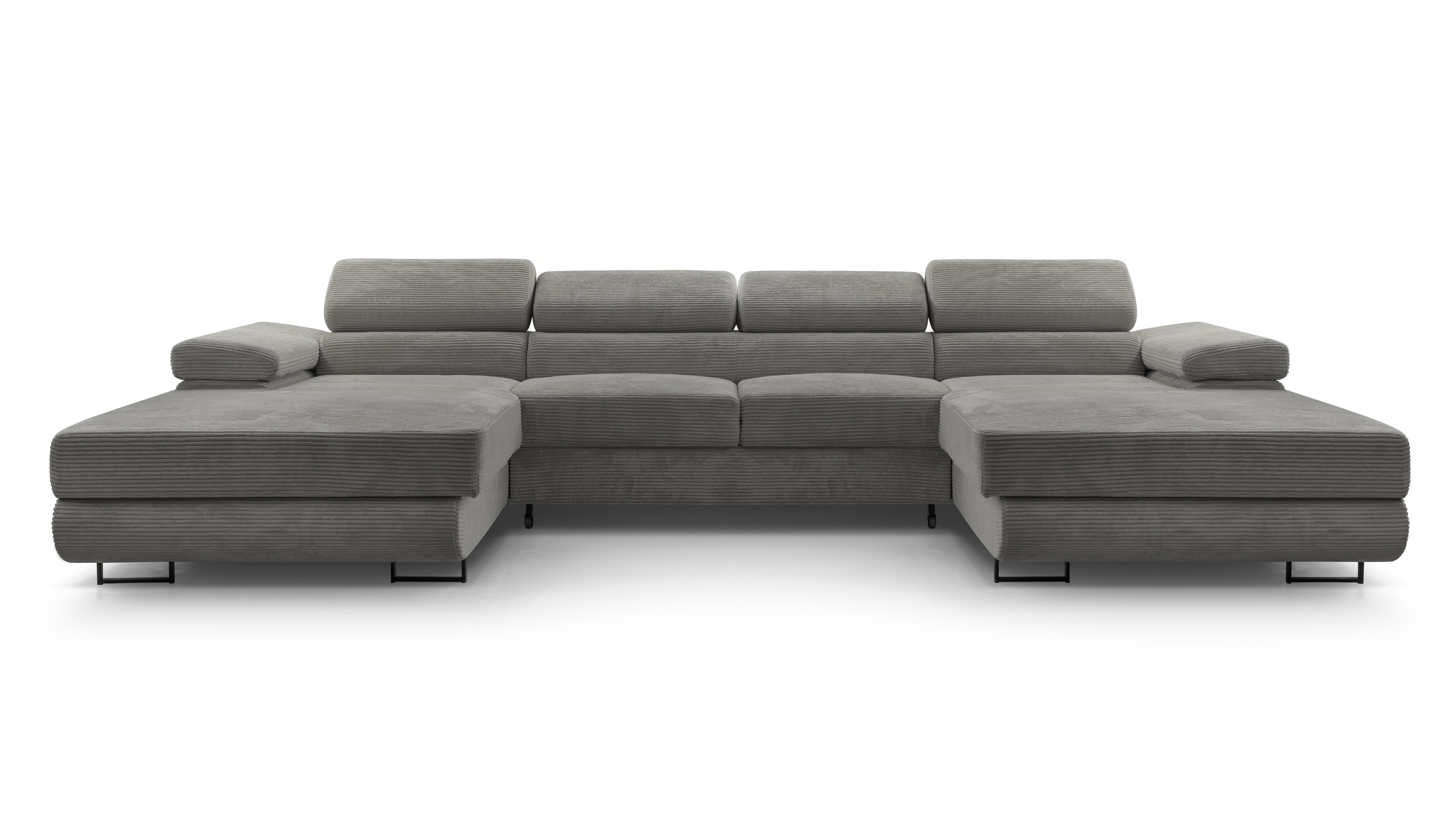 WOHNLANDSCHAFT GIULIO Grau Velours-Stoff mit Schlaffunktion - Grau, Holz (352/90/202cm) - MASSENO