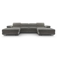 WOHNLANDSCHAFT GIULIO Grau Velours-Stoff mit Schlaffunktion - Grau, Holz (352/90/202cm) - MASSENO