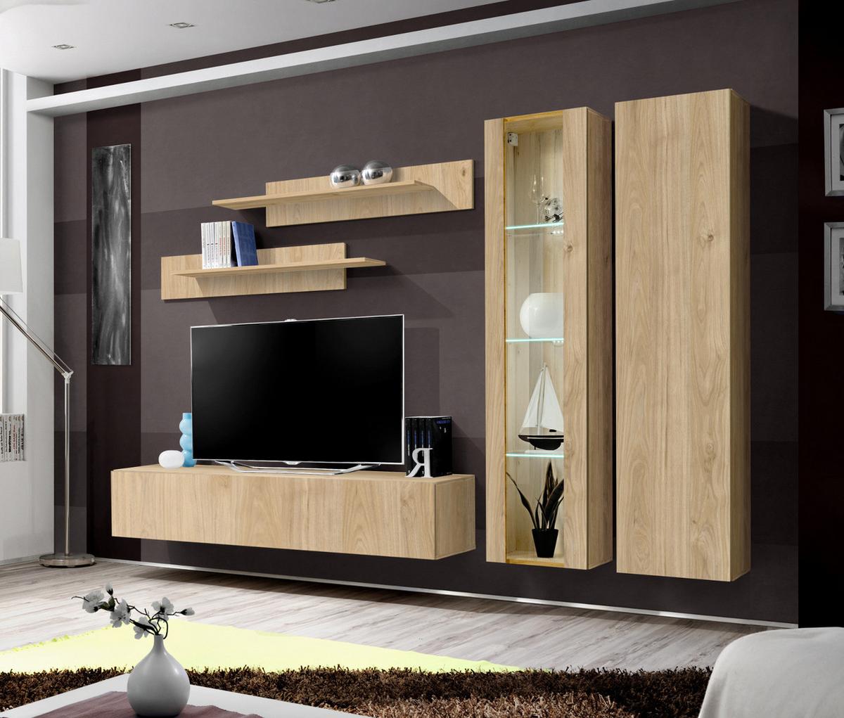 WOHNWAND Eiche Jackson 260 cm 5-teilig, Schrankwand hängend mit LED-Beleuchtung - Eichefarben, Glas/Holzwerkstoff (260/170/40cm) - Inn.Furn