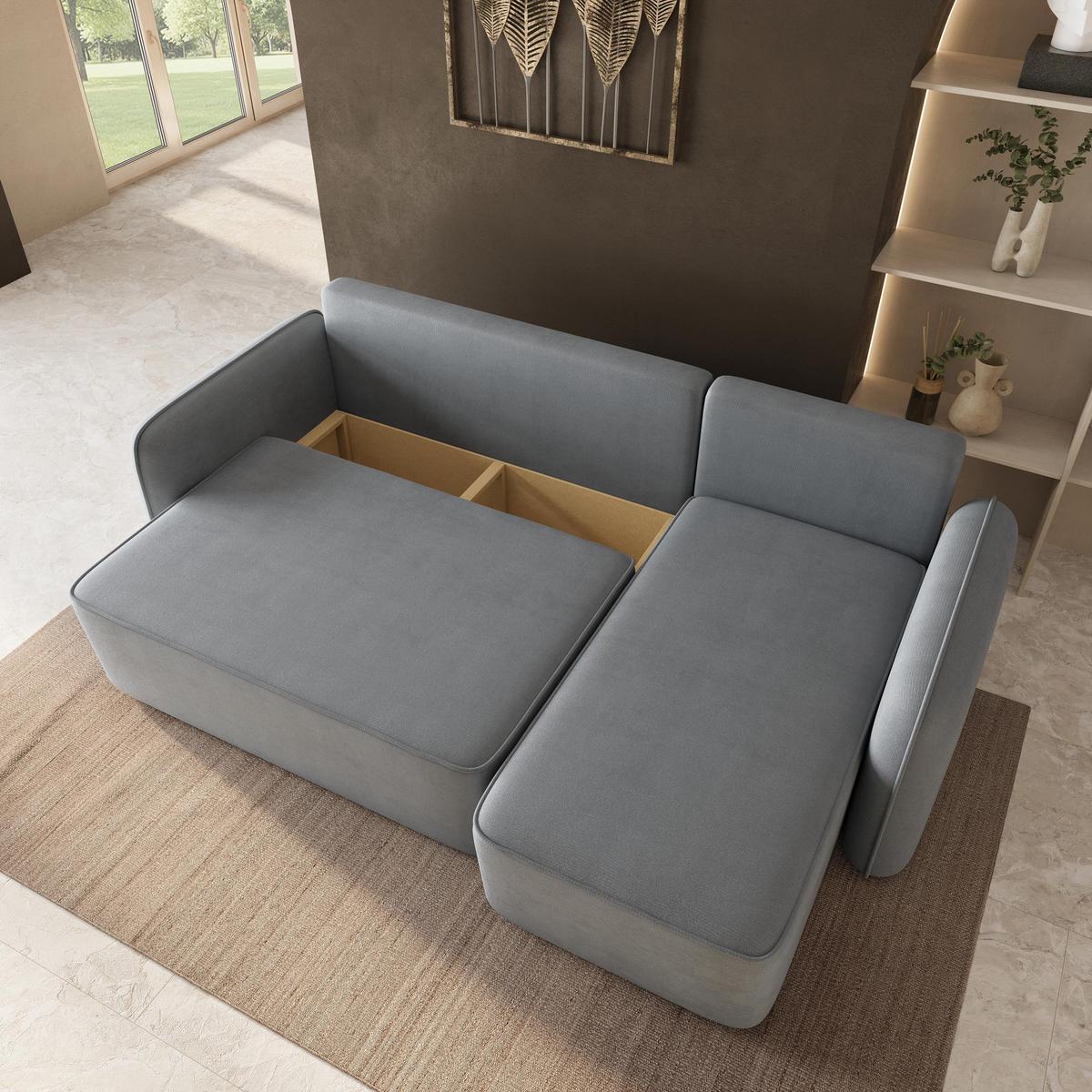 ECKSOFA DOLVER Grau Plüsch-Stoff mit Schlaffunktion - Grau, Holz (238/156cm) - MASSENO