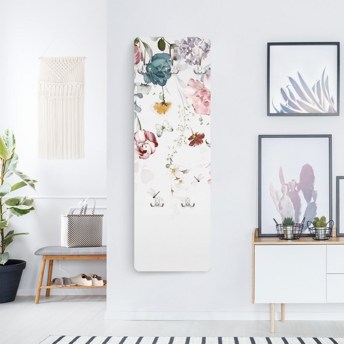 WANDGARDEROBE - Rankende Blumen mit Schmetterlingen Aquarell 34/105 cm - Pastellblau, Holzwerkstoff (34/105/1.6cm) - Bilderwelten