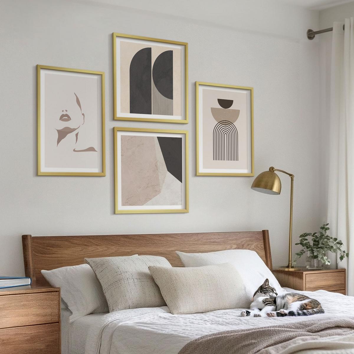BILDER SET 4er Set - 50x50 cm & 40x60 cm Goldrahmen - Abstrakte weiß-braune Muster - Goldfarben, Kunststoff (50/50cm) - TULUP