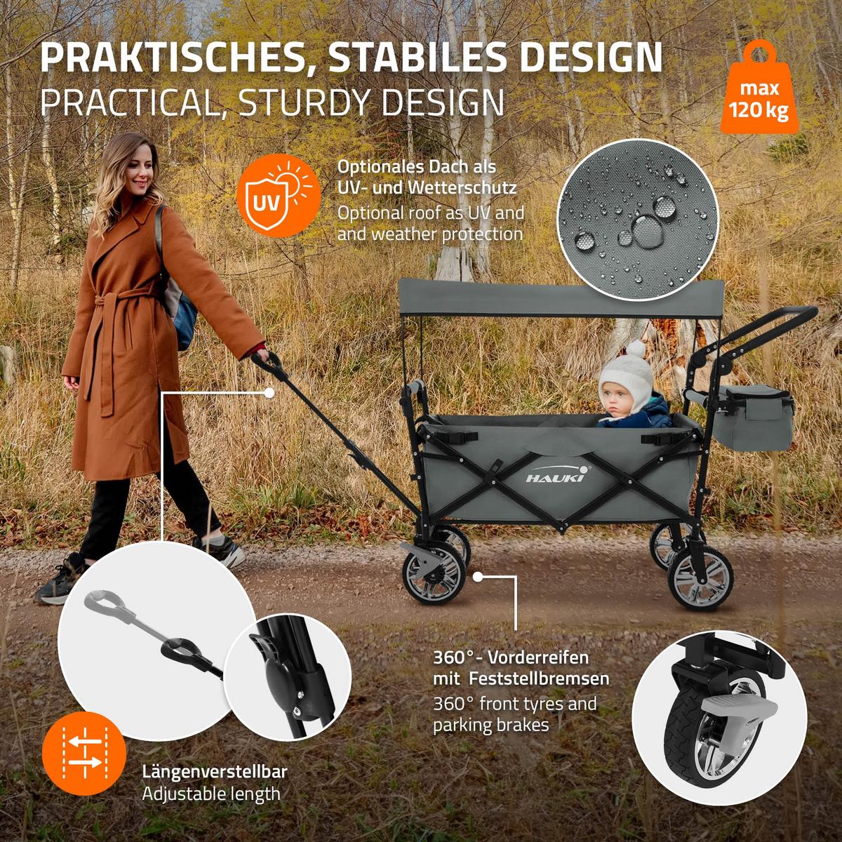 BOLLERWAGEN faltbar mit Dach XXL Grau Handwagen für Kinder Strand Picknick - Schwarz/Grau, Metall (56/99/196cm) - Hauki