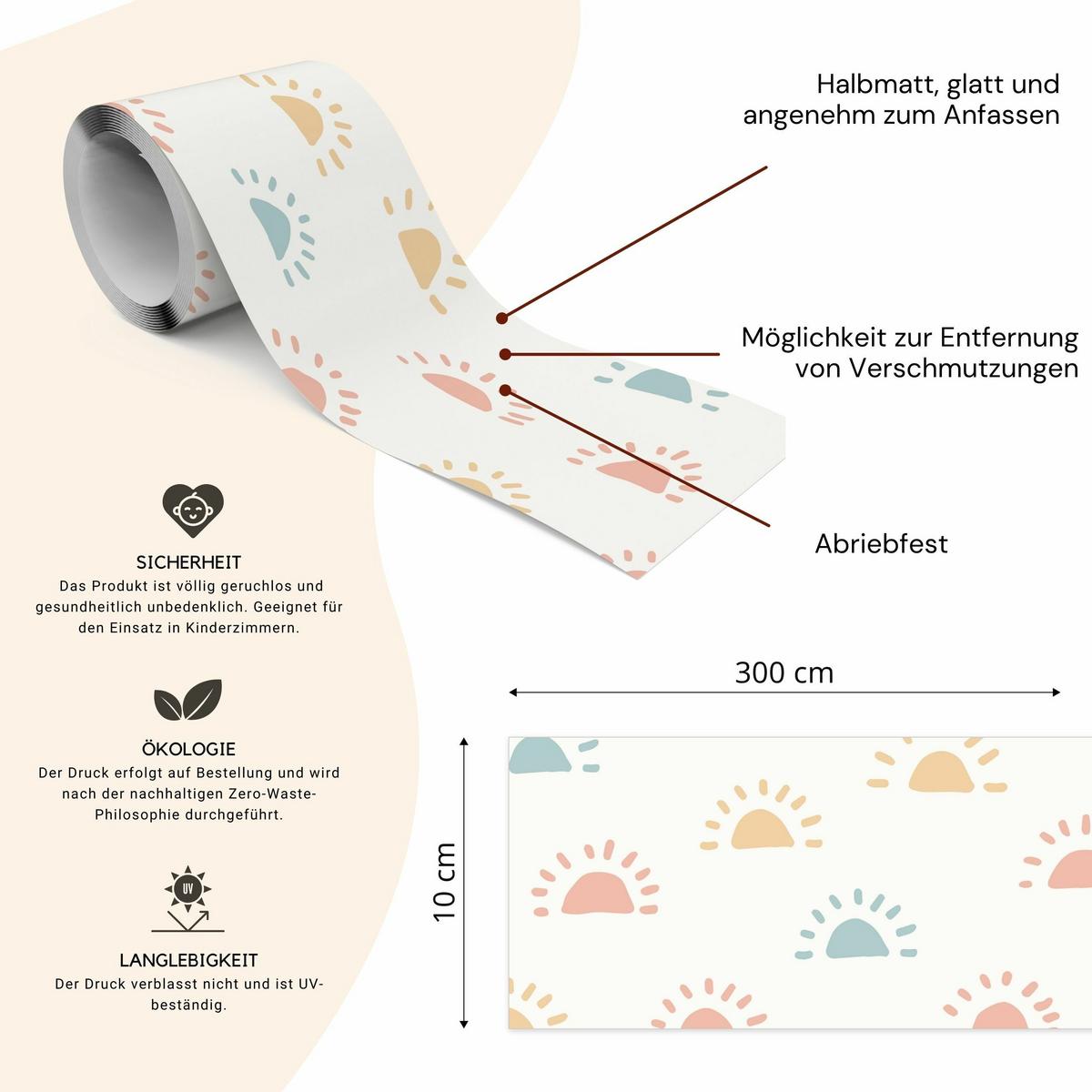 TAPETENBORDÜRE selbstklebend für Kinderzimmer bunte SONNE im Boho Stil - Blau/Weiß, Papier (10/300/300cm) - Muralo