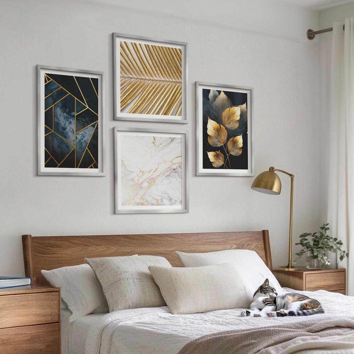 BILDER SET 4er Set - 50x50 cm & 40x60 cm Silberner Rahmen - Moderne Pflanzenmuster - Silberfarben, Kunststoff (50/50cm) - TULUP