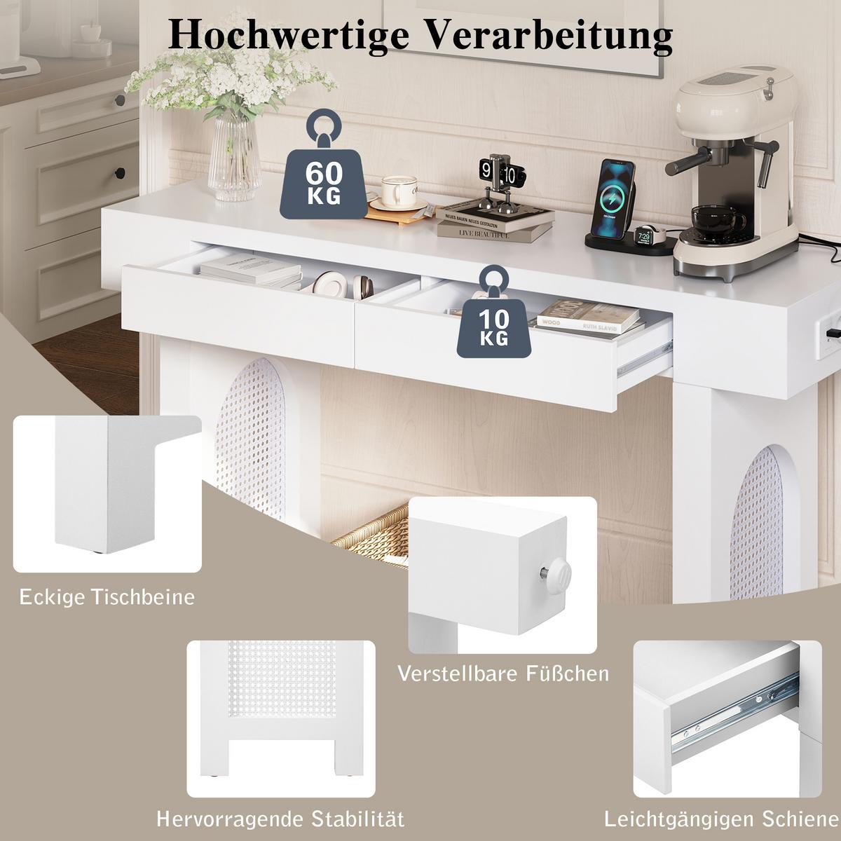 KONSOLENTISCH mit gitterdesign, 2 schubladen & integrierter steckdose - Weiß, Holzwerkstoff (35.5/120/76.5cm) - Urban Meuble
