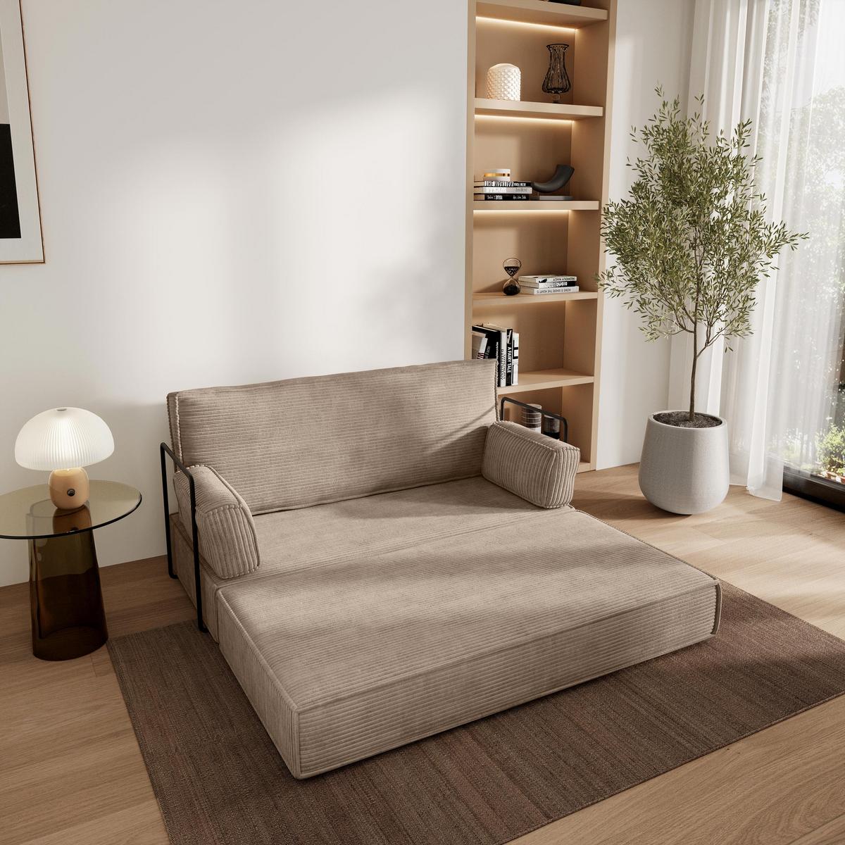 BETTSOFA LADIA aus Schaumstoff Kordstoff Beige Schlaffunktion - Beige, Textil (140/86/60cm) - MASSENO
