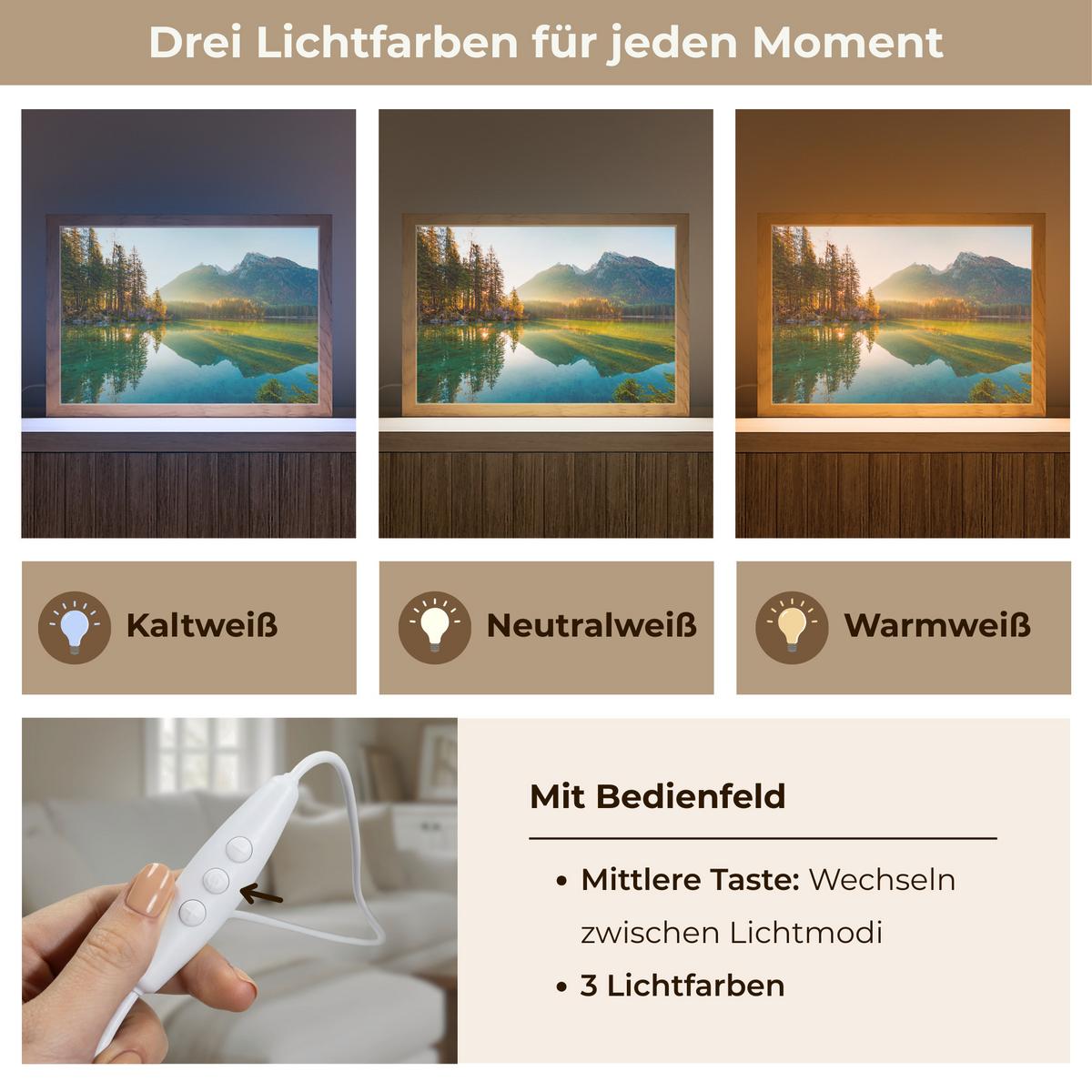 WANDLEUCHTE See - Wald - Berge - Natur - Sonne - Landschaft 30x20 cm - Grün, Holzwerkstoff (30/20/8cm) - OnlyWow