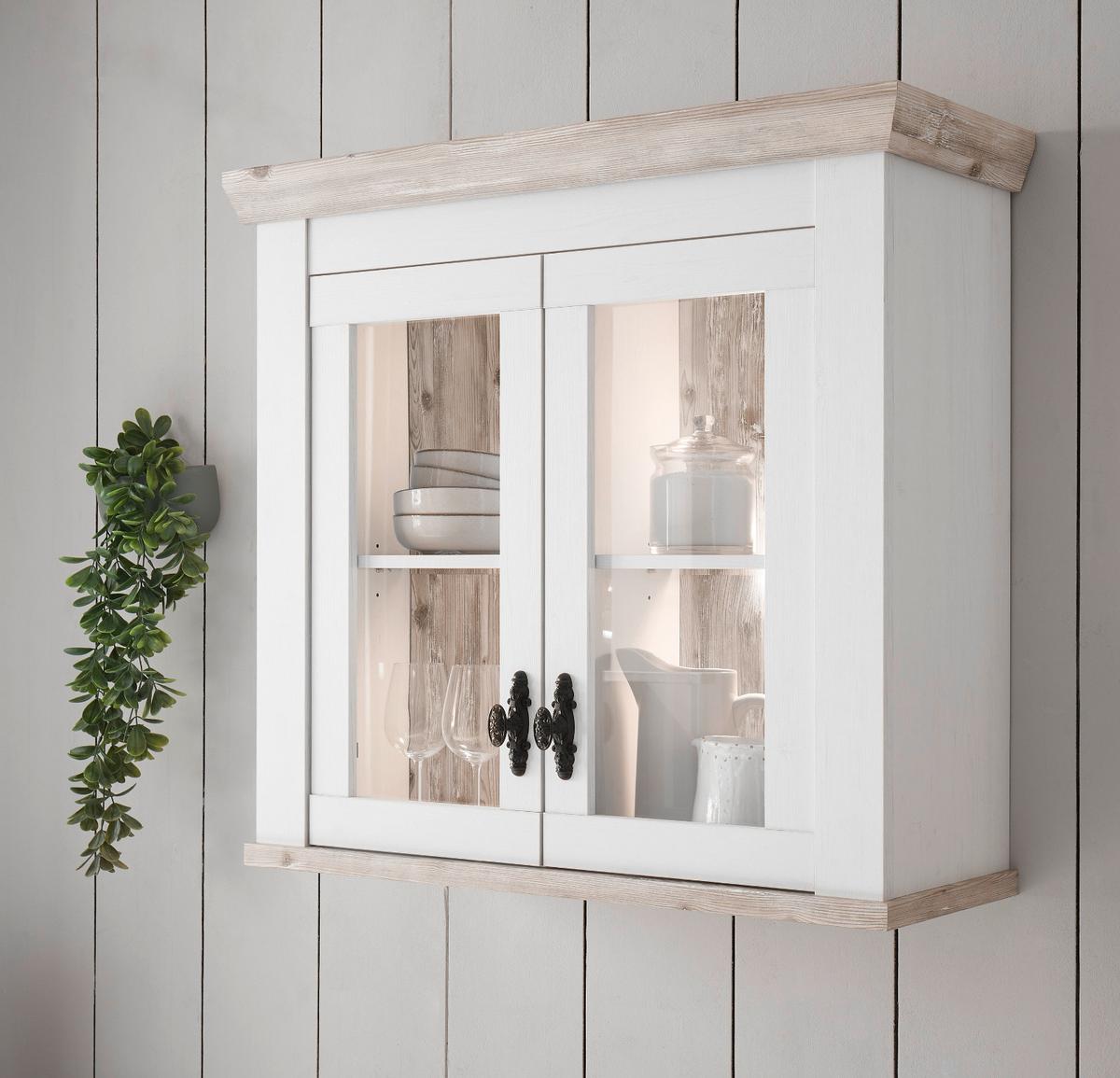 HÄNGESCHRANK weiß Pinie Landhaus, Küchenschrank hängend 92 x 85 cm, Soft-Close - Schwarz/Weiß, Glas/Holzwerkstoff (92/85/34cm) - Furn.Design