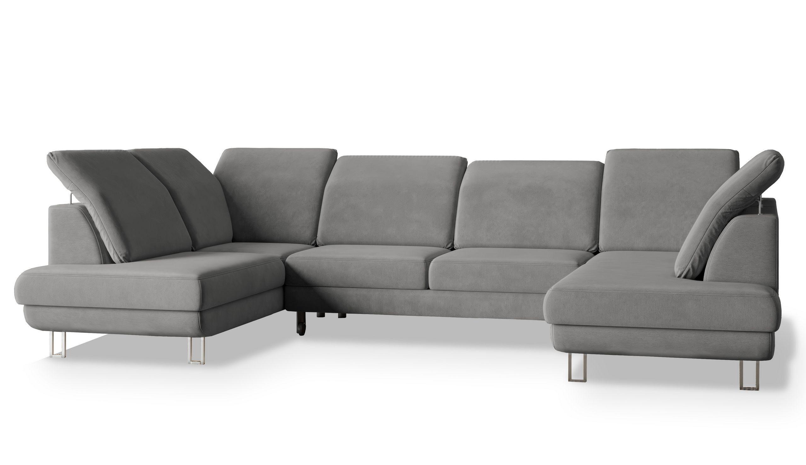 WOHNLANDSCHAFT TERAMO Grau Velours-Stoff mit Schlaffunktion - Silberfarben/Grau, Holz/Textil (316/88/193cm) - MASSENO