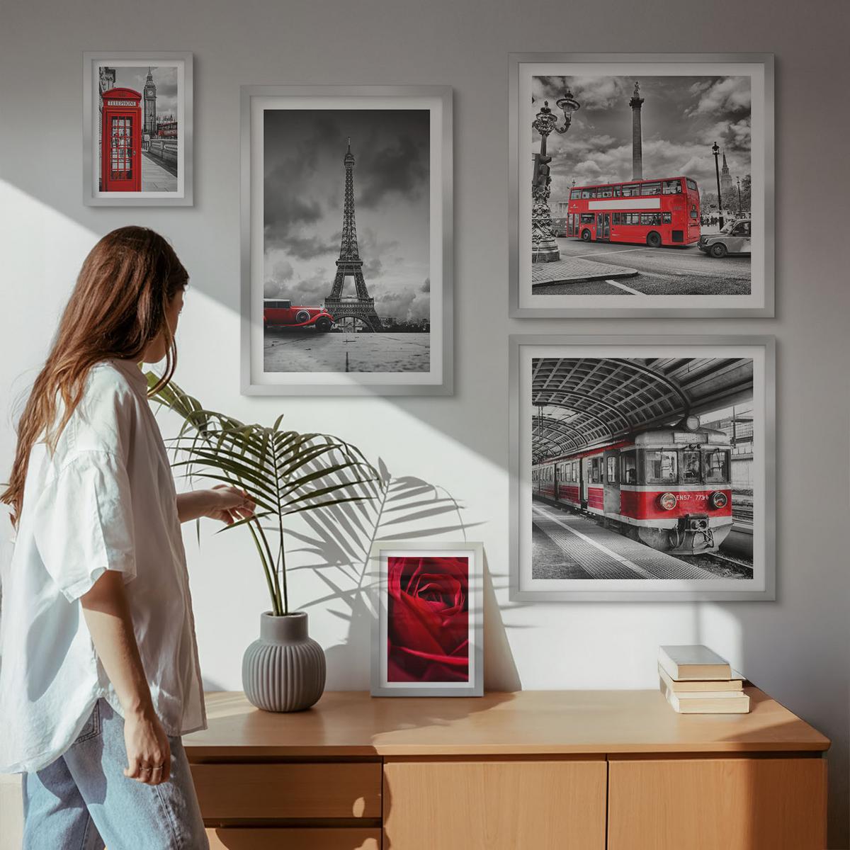 BILDER SET 5er Set - 50x50 cm & 20x30 cm & 40x60 cm Silberner Rahmen - Ikonische Städte London Paris Eisenbahn - Silberfarben, Kunststoff (40/60cm) - TULUP